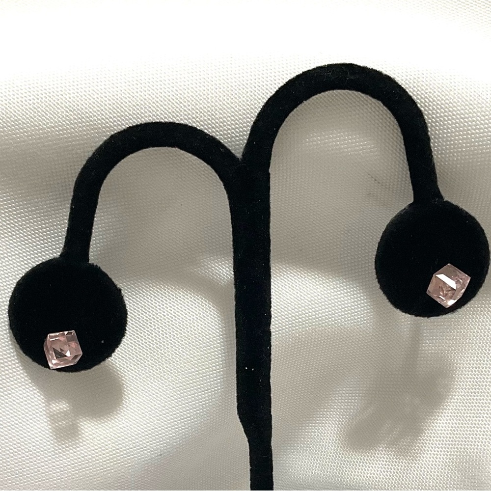 Pink Glass Square Silver Tone Earrings